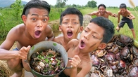 Primitive Boy Discovers Fresh Crab in Rice Field | Spicy Raw Crab Salad Recipe